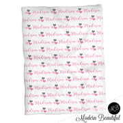 Heart baby girl blanket, pink and gray hearts name blanket, custom heart personalized baby gift, swaddle baby blanket, personalized blanket, choose colors