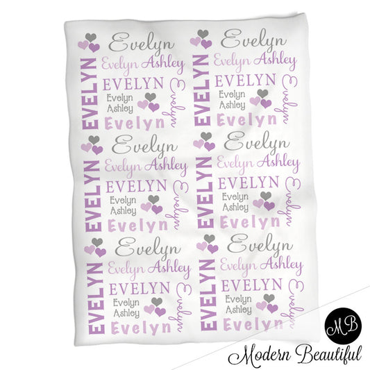 Purple and gray hearts baby girl blanket, blanket with hearts, heart personalized baby gift, girl name blanket, name baby blanket, personalized blanket, heart baby gift, choose colors