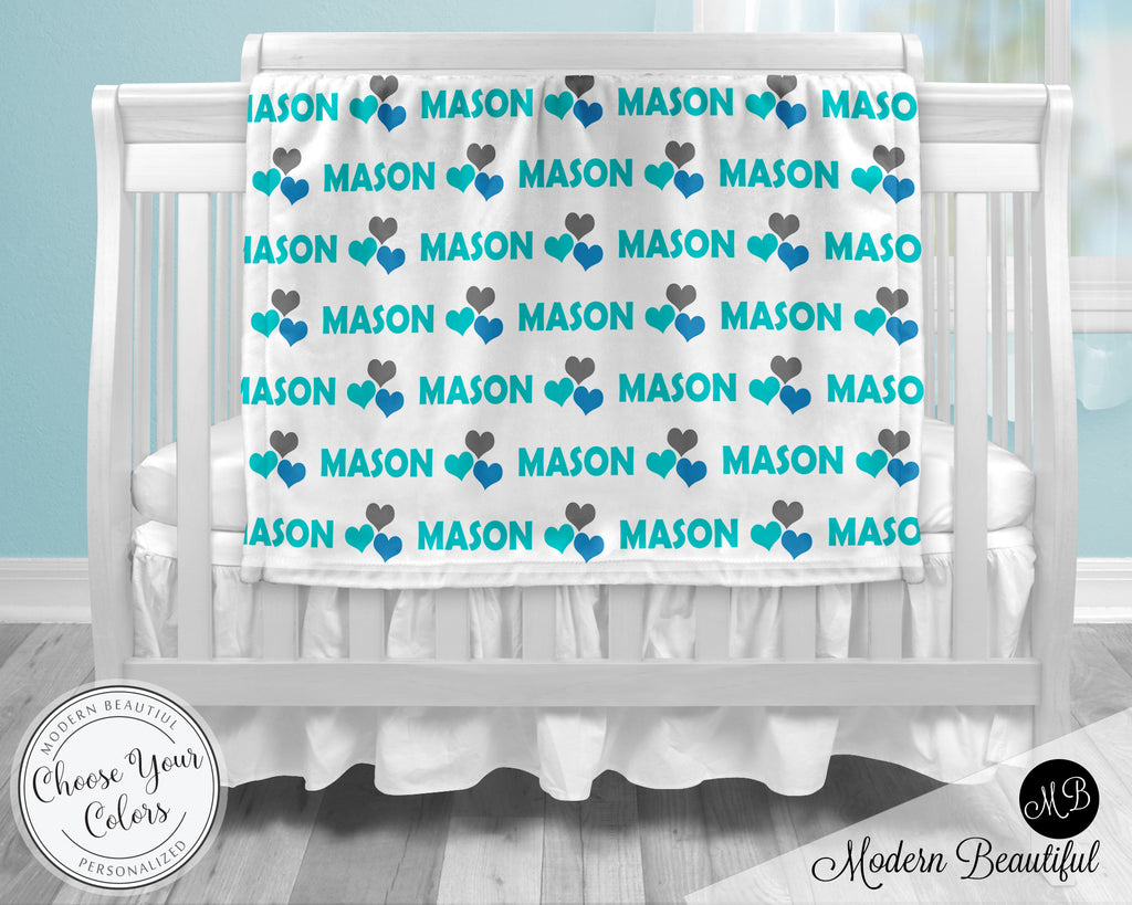 Heart baby boy blanket, blue and gray hearts name blanket, custom heart personalized baby gift, swaddle baby blanket, personalized blanket, boy or girl blanket, choose colors