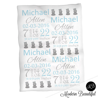 Hippo baby boy stats blanket, blue and gray, hippo boy baby blanket, personalized hippo baby blanket, baby stats blanket, boy or girl stats swaddle blanket, baby shower gift, choose colors