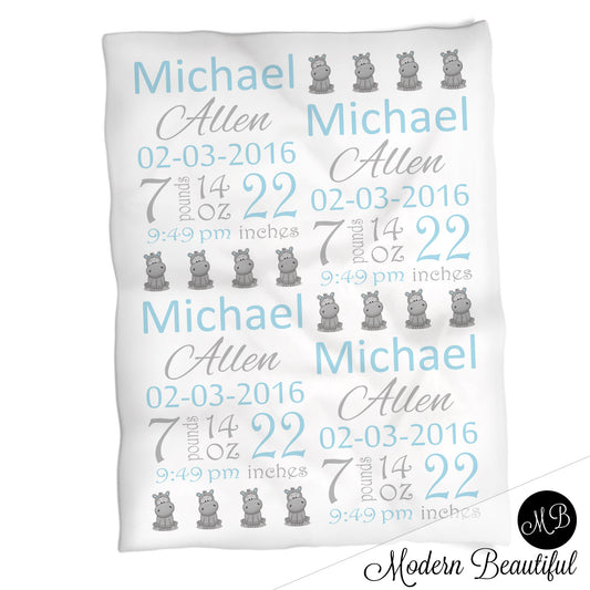 Hippo baby boy stats blanket, blue and gray, hippo boy baby blanket, personalized hippo baby blanket, baby stats blanket, boy or girl stats swaddle blanket, baby shower gift, choose colors