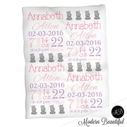 Hippo baby girl stats blanket, pink and gray, hippo girl baby blanket, personalized hippo baby blanket, baby stats blanket, boy or girl stats swaddle blanket, baby shower gift, choose colors