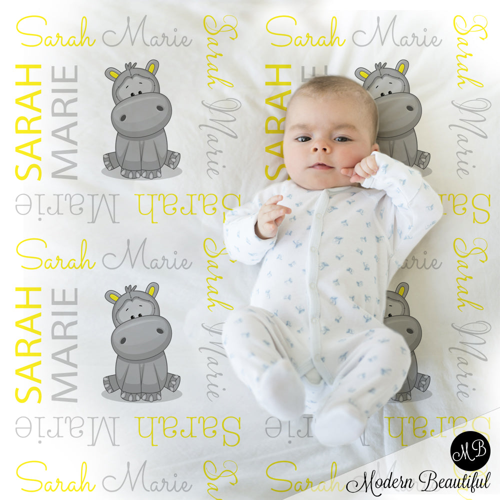 Hippo girl baby name blanket, hippo personalized blanket, yellow and gray, boy or girl blanket, baby shower gift, personalized name blanket, (CHOOSE COLORS)