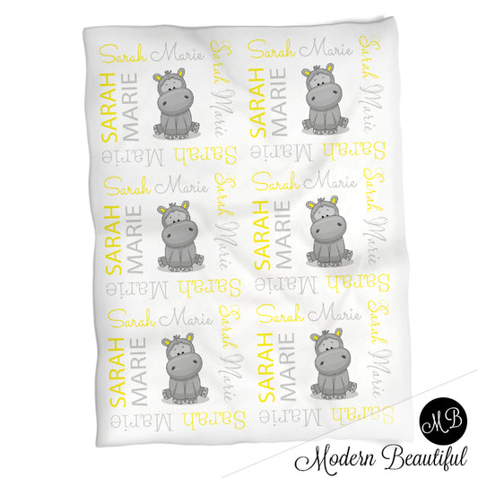Hippo girl baby name blanket, hippo personalized blanket, yellow and gray, boy or girl blanket, baby shower gift, personalized name blanket, (CHOOSE COLORS)