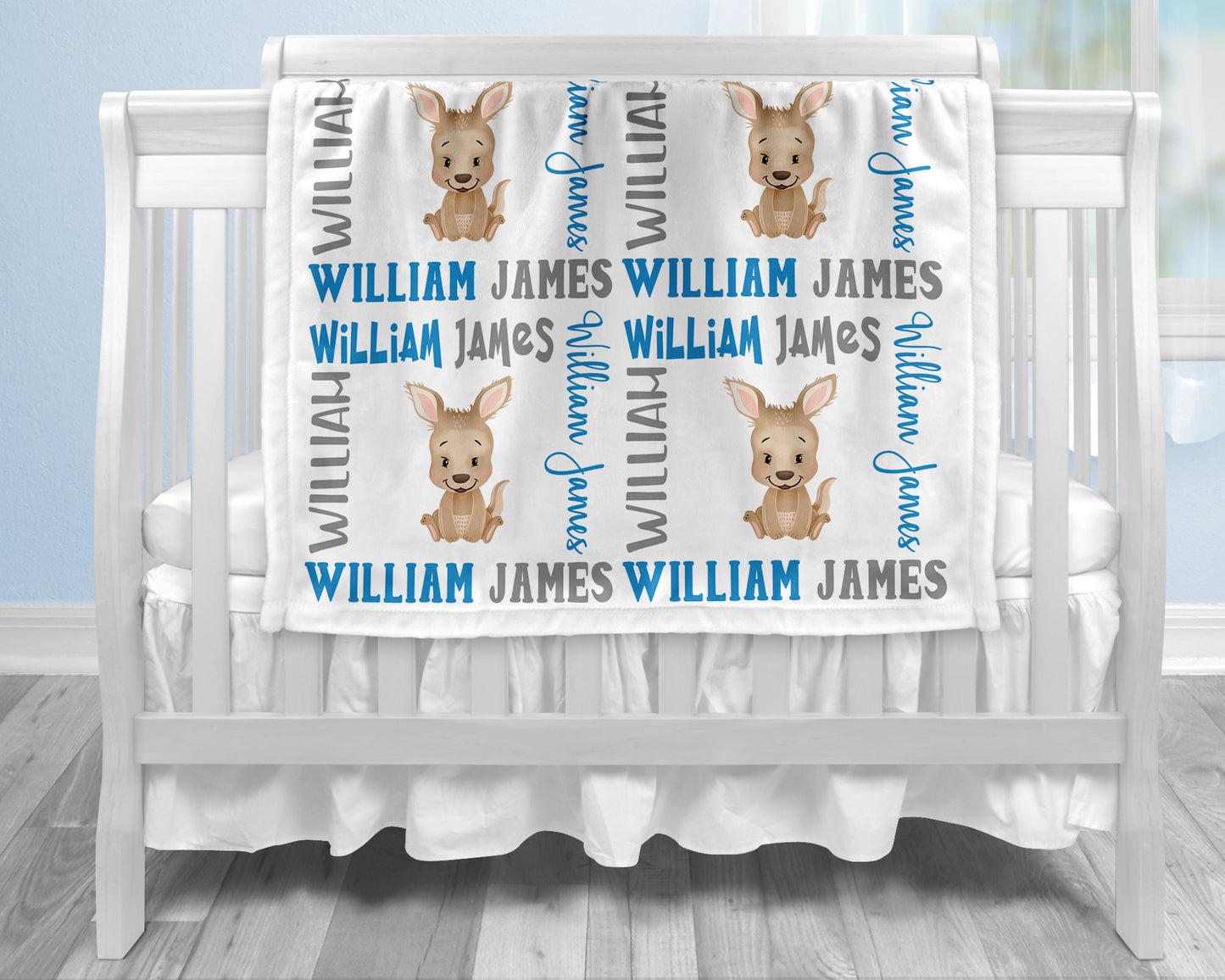 Cute baby boy kangaroo name blanket in blue and gray, personalized boy kangaroo baby gift, kangaroo theme blanket, boy name blanket, personalized blanket, (CHOOSE COLORS)