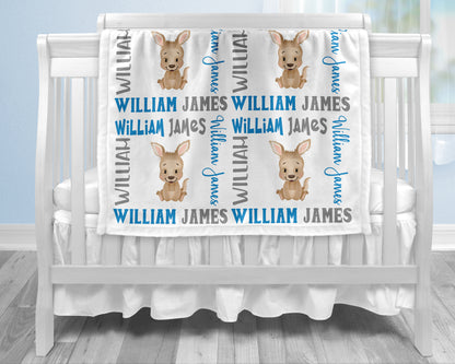 Cute baby boy kangaroo name blanket in blue and gray, personalized boy kangaroo baby gift, kangaroo theme blanket, boy name blanket, personalized blanket, (CHOOSE COLORS)