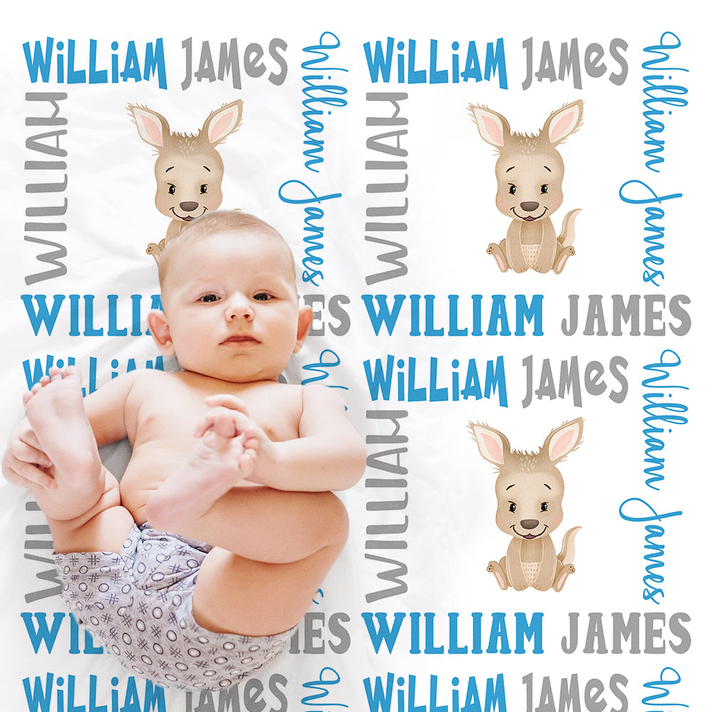 Cute baby boy kangaroo name blanket in blue and gray, personalized boy kangaroo baby gift, kangaroo theme blanket, boy name blanket, personalized blanket, (CHOOSE COLORS)