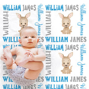 Cute baby boy kangaroo name blanket in blue and gray, personalized boy kangaroo baby gift, kangaroo theme blanket, boy name blanket, personalized blanket, (CHOOSE COLORS)