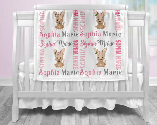 Pretty baby girl kangaroo blanket, pink and gray name blanket, kangaroo swaddling blanket, kangaroo baby gift, girl baby shower gift, choose colors