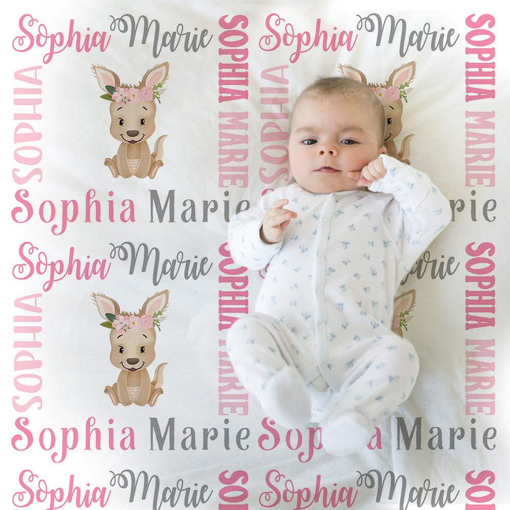 Pretty baby girl kangaroo blanket, pink and gray name blanket, kangaroo swaddling blanket, kangaroo baby gift, girl baby shower gift, choose colors