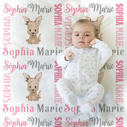 Pretty baby girl kangaroo blanket, pink and gray name blanket, kangaroo swaddling blanket, kangaroo baby gift, girl baby shower gift, choose colors