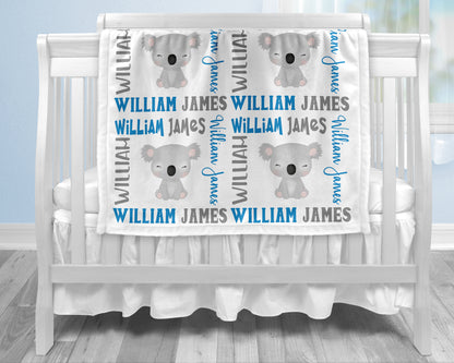 Baby boy koala bear name blanket in blue and gray, personalized boy koala baby gift, koala theme blanket, boy name blanket, personalized blanket, (CHOOSE COLORS)
