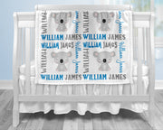 Baby boy koala bear name blanket in blue and gray, personalized boy koala baby gift, koala theme blanket, boy name blanket, personalized blanket, (CHOOSE COLORS)