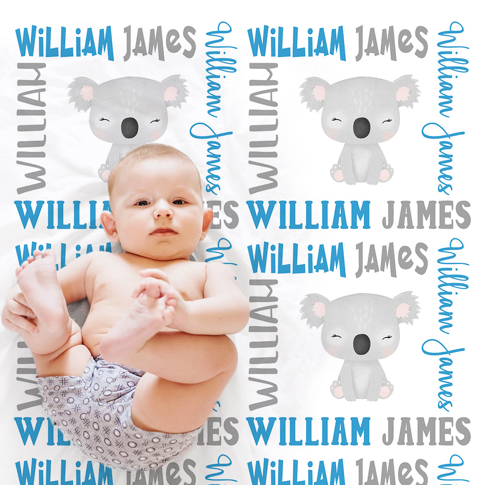 Baby boy koala bear name blanket in blue and gray, personalized boy koala baby gift, koala theme blanket, boy name blanket, personalized blanket, (CHOOSE COLORS)