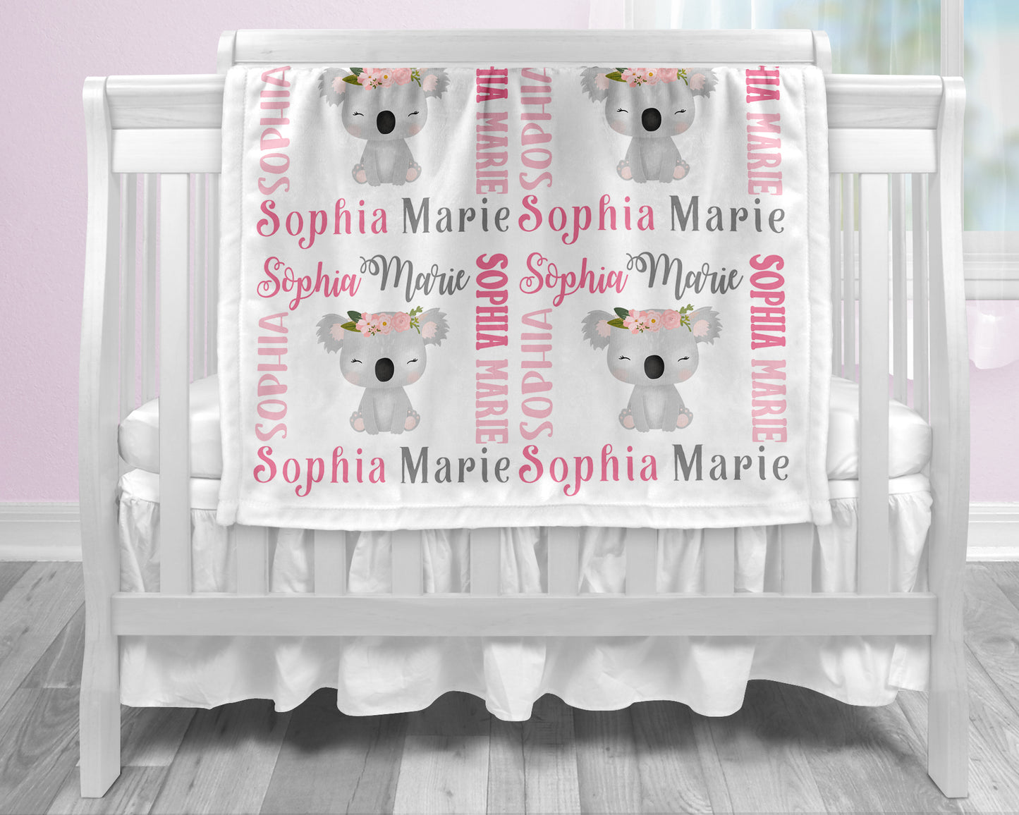 Baby girl koala bear name blanket in pink and gray, personalized girl koala baby gift, koala theme blanket, girl name blanket, personalized blanket, (CHOOSE COLORS)