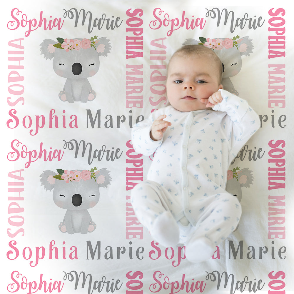 Baby girl koala bear name blanket in pink and gray, personalized girl koala baby gift, koala theme blanket, girl name blanket, personalized blanket, (CHOOSE COLORS)