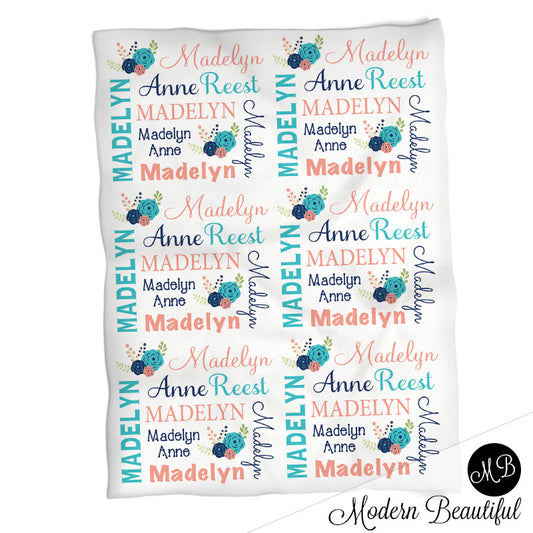Baby girl chic flower blanket, pretty floral baby blanket, flower personalized baby gift, baby blanket, personalized blanket, choose colors