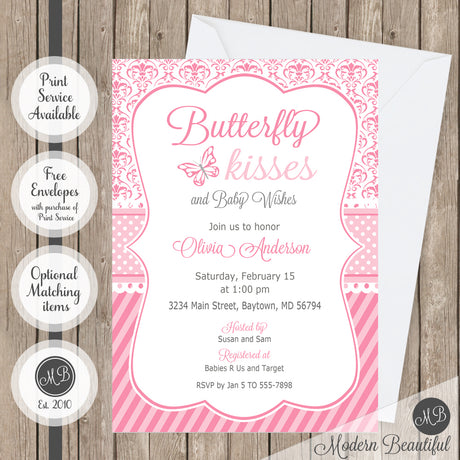 Pink and gray butterfly kisses baby shower invitation, butterfly kisses and baby wishes baby shower invitation, damask baby shower invitation, girl baby shower invitation