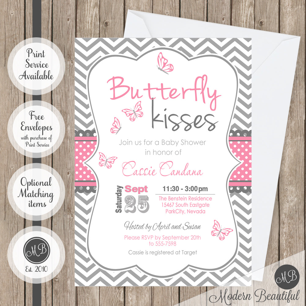 butterfly kisses baby shower invitation