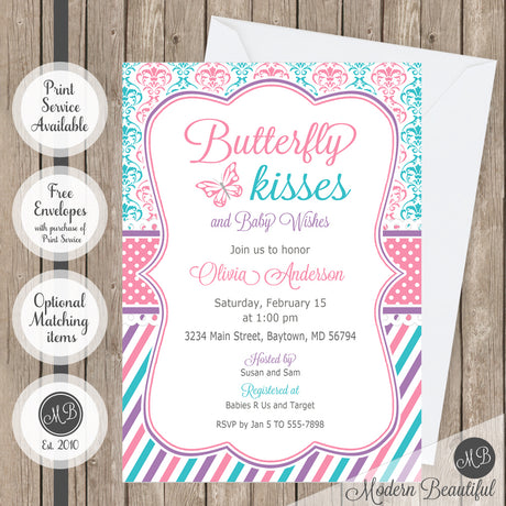 pink purple and teal baby shower invitation