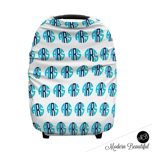 Aqua and black monogram baby boy or girl car seat canopy cover, custom monogram infant car seat cover, personalized baby name carseat cover, nursing privacy cover (CHOOSE COLORS)