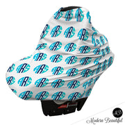 Aqua and black monogram baby boy or girl car seat canopy cover, custom monogram infant car seat cover, personalized baby name carseat cover, nursing privacy cover (CHOOSE COLORS)