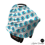Aqua and black monogram baby boy or girl car seat canopy cover, custom monogram infant car seat cover, personalized baby name carseat cover, nursing privacy cover (CHOOSE COLORS)