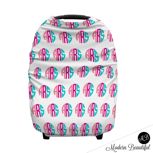 Hot pink and aqua monogram baby boy or girl car seat canopy cover, custom monogram infant car seat cover, personalized baby name carseat cover, nursing privacy cover (CHOOSE COLORS)