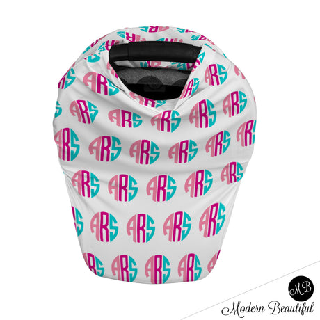 Hot pink and aqua monogram baby boy or girl car seat canopy cover