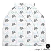 Elephant baby boy or girl car seat canopy cover, blue and gray custom infant car seat cover, personalized baby name carseat cover, nursing privacy cover (CHOOSE COLORS)