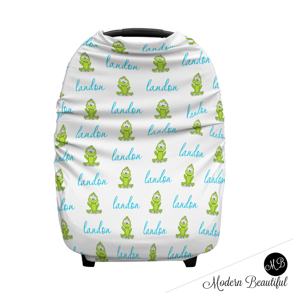 Frog baby boy or girl car seat canopy covers, frog baby gift, blue and green, custom infant car seat cover, personalized baby name carseat cover, nursing privacy cover, shopping cart cover, high chair cover (CHOOSE COLORS)