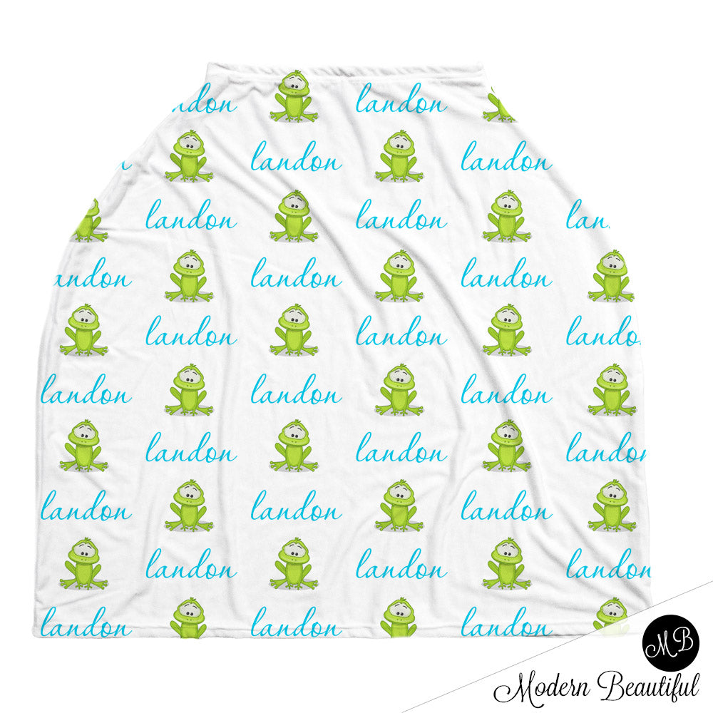 Frog baby boy or girl car seat canopy covers, frog baby gift, blue and green, custom infant car seat cover, personalized baby name carseat cover, nursing privacy cover, shopping cart cover, high chair cover (CHOOSE COLORS)