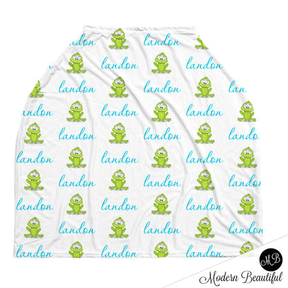 Frog baby boy or girl car seat canopy covers, frog baby gift, blue and green, custom infant car seat cover, personalized baby name carseat cover, nursing privacy cover, shopping cart cover, high chair cover (CHOOSE COLORS)