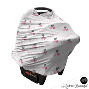 Pink and gray hearts baby girl or boy car seat canopy cover, custom pink and gray infant car seat cover, personalized baby name carseat cover, nursing privacy cover (CHOOSE COLORS)