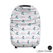 Purple and aqua hearts baby girl or boy car seat canopy cover