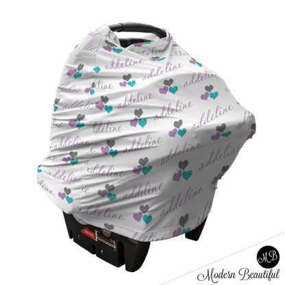 Purple and aqua hearts baby girl or boy car seat canopy cover, custom purple and aqua infant car seat cover, personalized baby name carseat cover, nursing privacy cover (CHOOSE COLORS)
