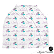 Purple and aqua hearts baby girl or boy car seat canopy cover, custom purple and aqua infant car seat cover, personalized baby name carseat cover, nursing privacy cover (CHOOSE COLORS)
