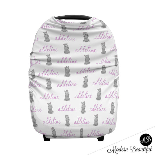 Hippo baby boy or girl car seat canopy covers, hippo baby gift, purple and gray, custom infant car seat cover, personalized baby name carseat cover, nursing privacy cover, shopping cart cover, high chair cover (CHOOSE COLORS)