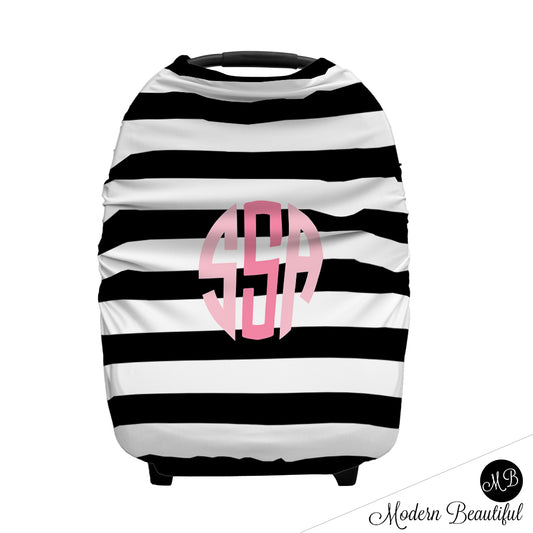 Black and white stripe monogram baby girl or boy car seat canopy cover, custom monogram infant car seat cover, personalized baby name carseat cover, nursing privacy cover (CHOOSE COLORS)