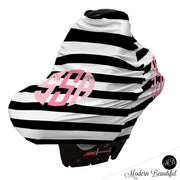 Black and white stripe monogram baby girl or boy car seat canopy cover, custom monogram infant car seat cover, personalized baby name carseat cover, nursing privacy cover (CHOOSE COLORS)