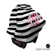 Black and white stripe monogram baby girl or boy car seat canopy cover, custom monogram infant car seat cover, personalized baby name carseat cover, nursing privacy cover (CHOOSE COLORS)