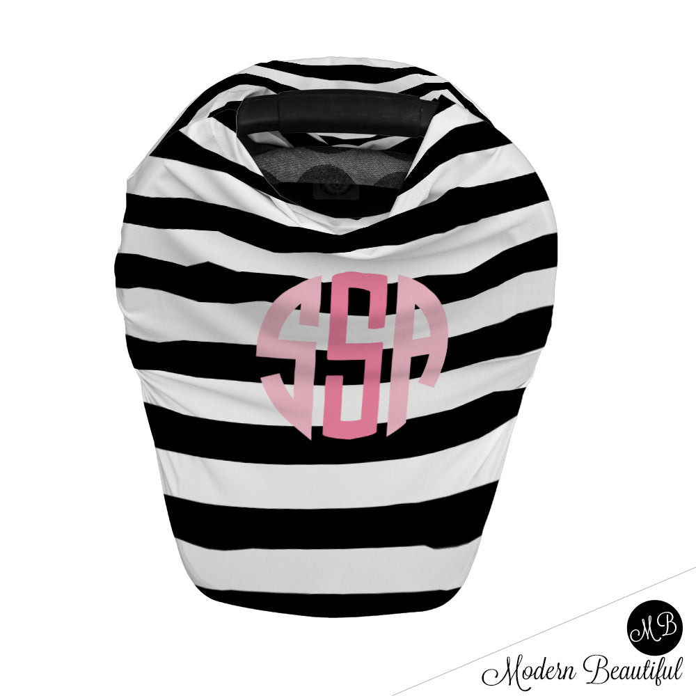 Black and white stripe monogram baby girl or boy car seat canopy cover