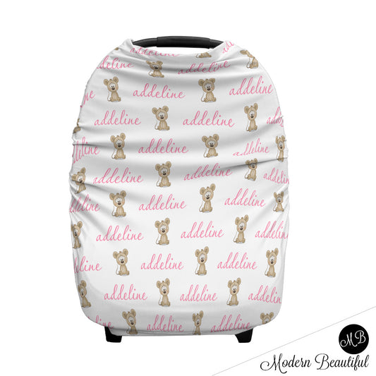 Mouse baby boy or girl car seat canopy covers, mouse baby gift, pink and white, custom infant car seat cover, personalized baby name carseat cover, nursing privacy cover, shopping cart cover, high chair cover (CHOOSE COLORS)