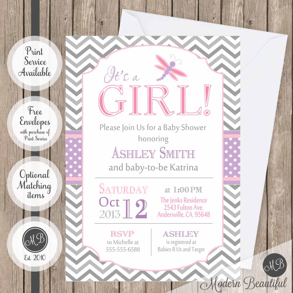Pink purple and gray dragonfly baby shower invitation