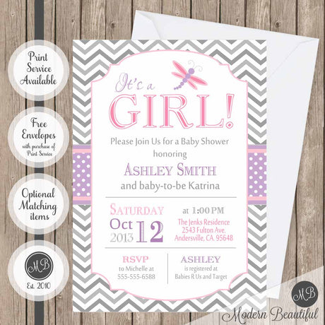 Pink purple and gray dragonfly baby shower invitation