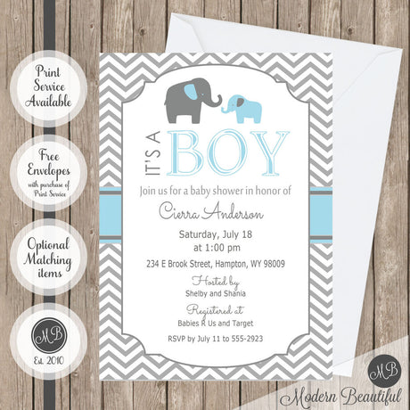 Blue and gray chevron elephant its a boy baby shower invitation