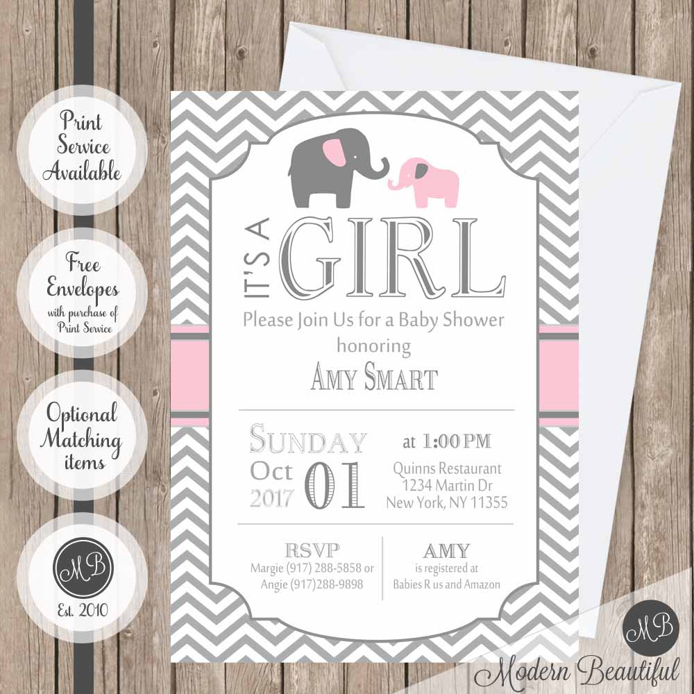 Pink and gray girl elephant baby shower invitation, elephants girl baby shower invitation, chevron baby shower invitation, girl baby shower invitation