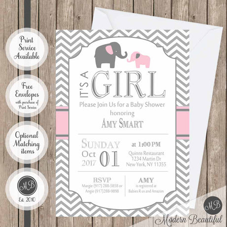 Pink and gray girl elephant baby shower invitation, elephants girl baby shower invitation, chevron baby shower invitation, girl baby shower invitation