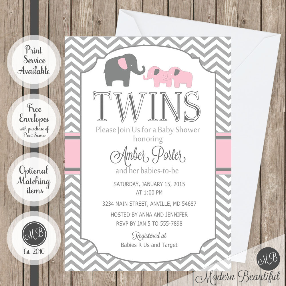 elephant twin girl baby shower invitations