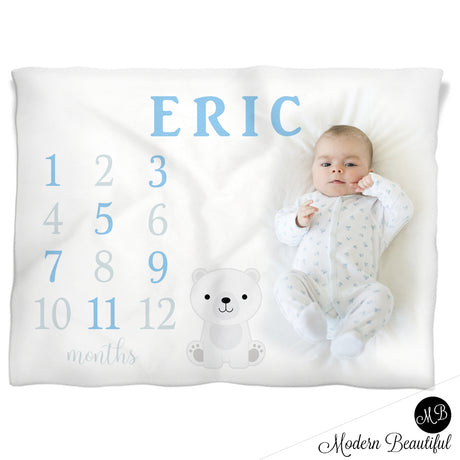 Baby boy polar bear baby blanket, polar bear baby milestone blanket, monthly milestone baby blanket, personalized growth baby gift, personalized photo prop blanket, choose your colors